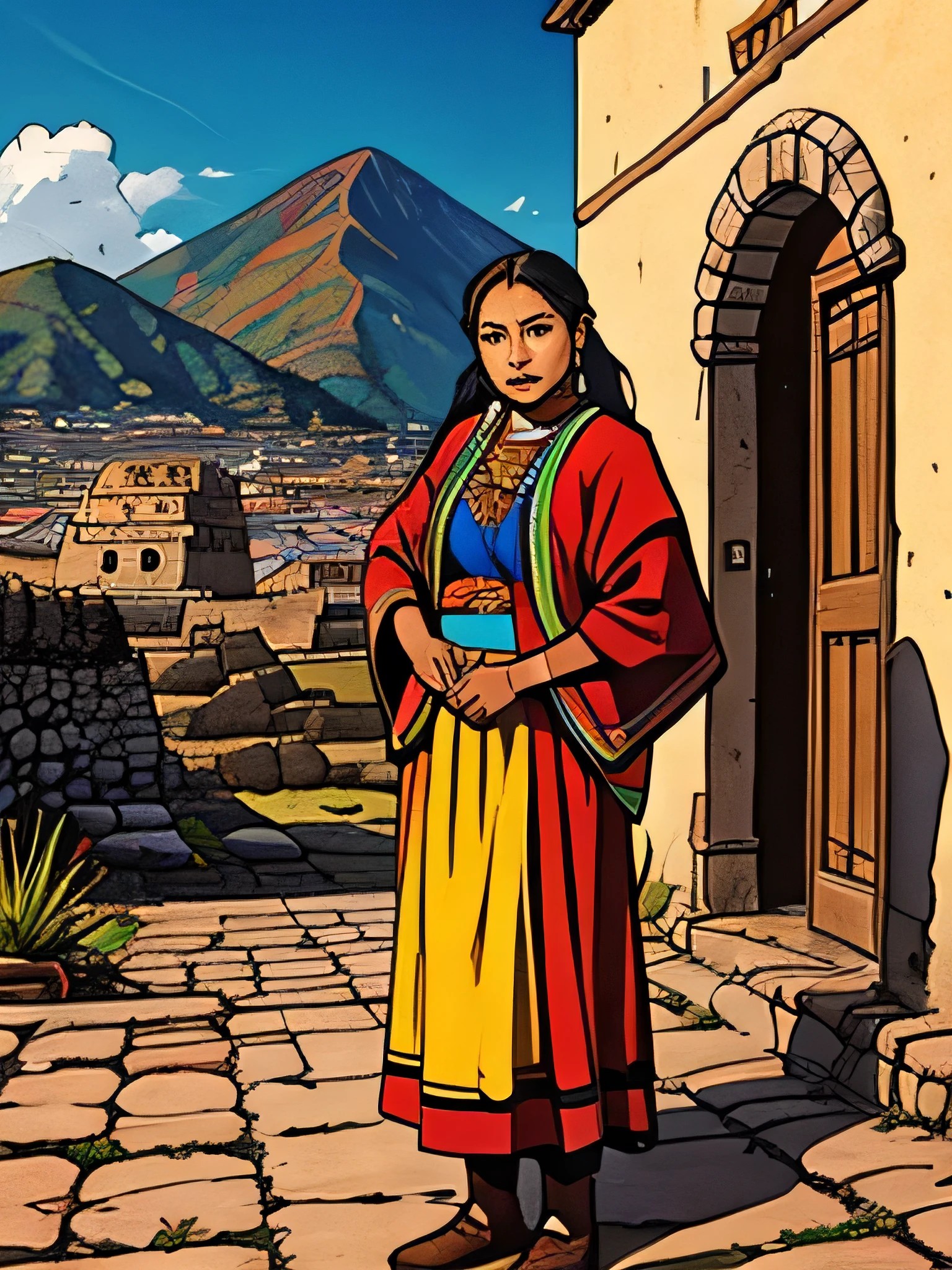 Andean woman in traditional colorful Cuzco clothing with a background of the Peruvian Andes and stone viceregal houses, adobe and wood.