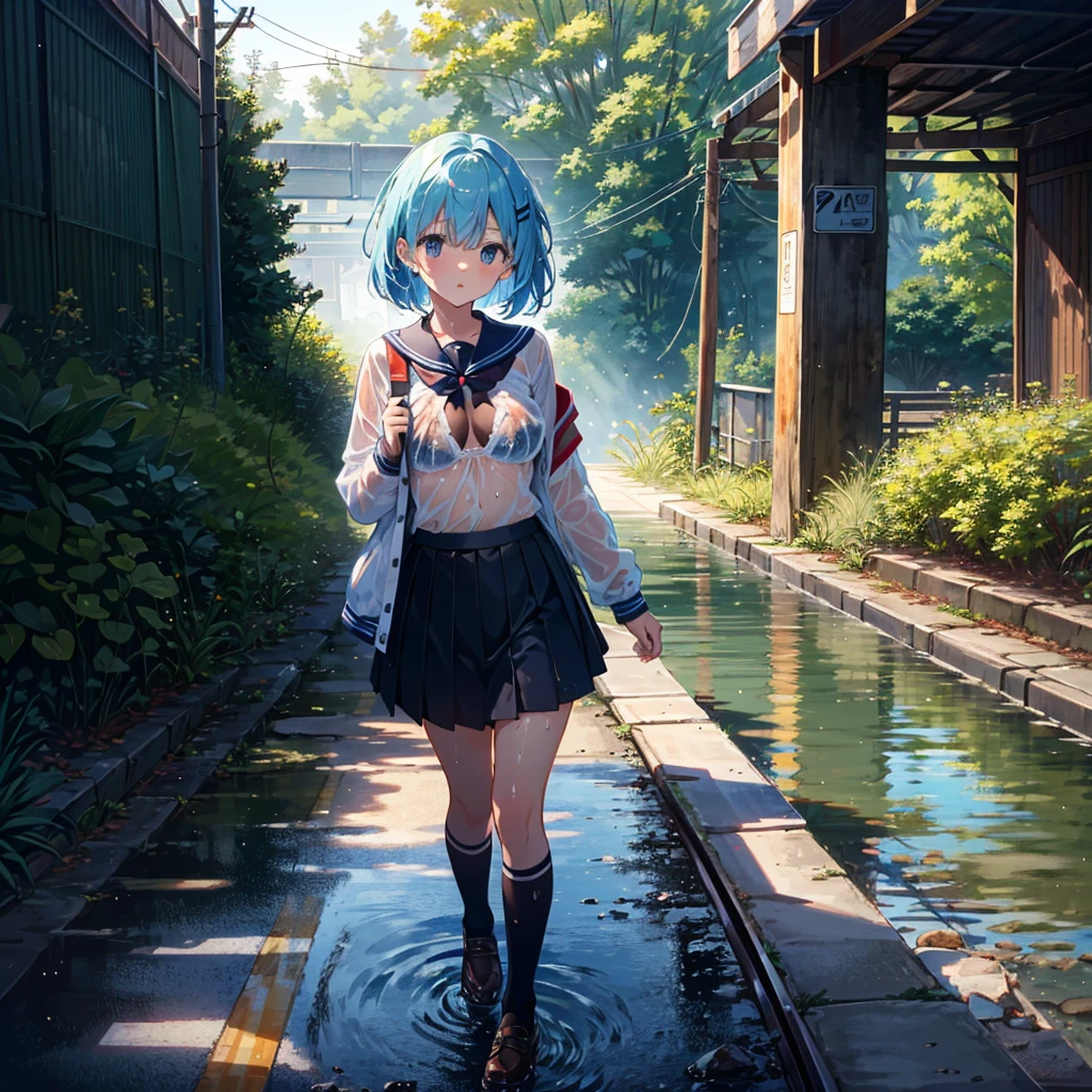 Masterpiece, highest quality, high resolution background, bright and beautiful atmosphere, 3 girls (2 years old, 1 short-tempered round face), 1 child) (hair, surface effects), small breasts, under railway overpass, wet skirt A girl with her hair turned up, a girl whose clothes are soaking wet, a girl who lifts up her skirt to reveal white underwear, wet underwear that digs in, NSFW, a girl with wet hair, a girl whose jacket is see-through and her bra visible, a sailor uniform, A pedestrian is glancing at a girl, "deltamon_sdXL :0.73) >Deltamon