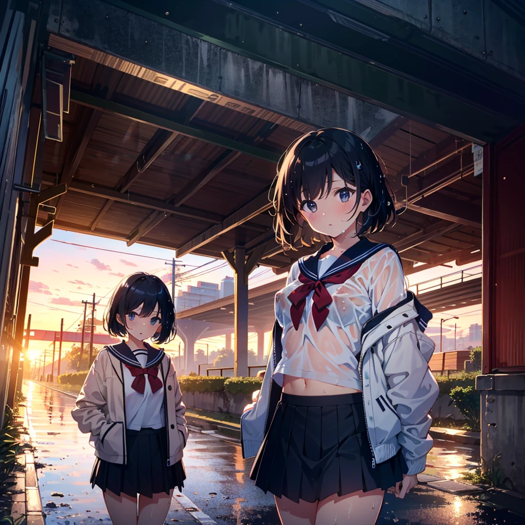 Masterpiece, highest quality, high resolution background, bright and beautiful atmosphere, 3 girls (2 years old, 1 short-tempered round face), 1 child) (hair, surface effects), small breasts, under railway overpass, wet skirt A girl with her hair turned up, a girl whose clothes are soaking wet, a girl who lifts up her skirt to reveal white underwear, wet underwear that digs in, NSFW, a girl with wet hair, a girl whose jacket is see-through and her bra visible, a sailor uniform, A pedestrian is glancing at a girl, "deltamon_sdXL :0.73) >Deltamon