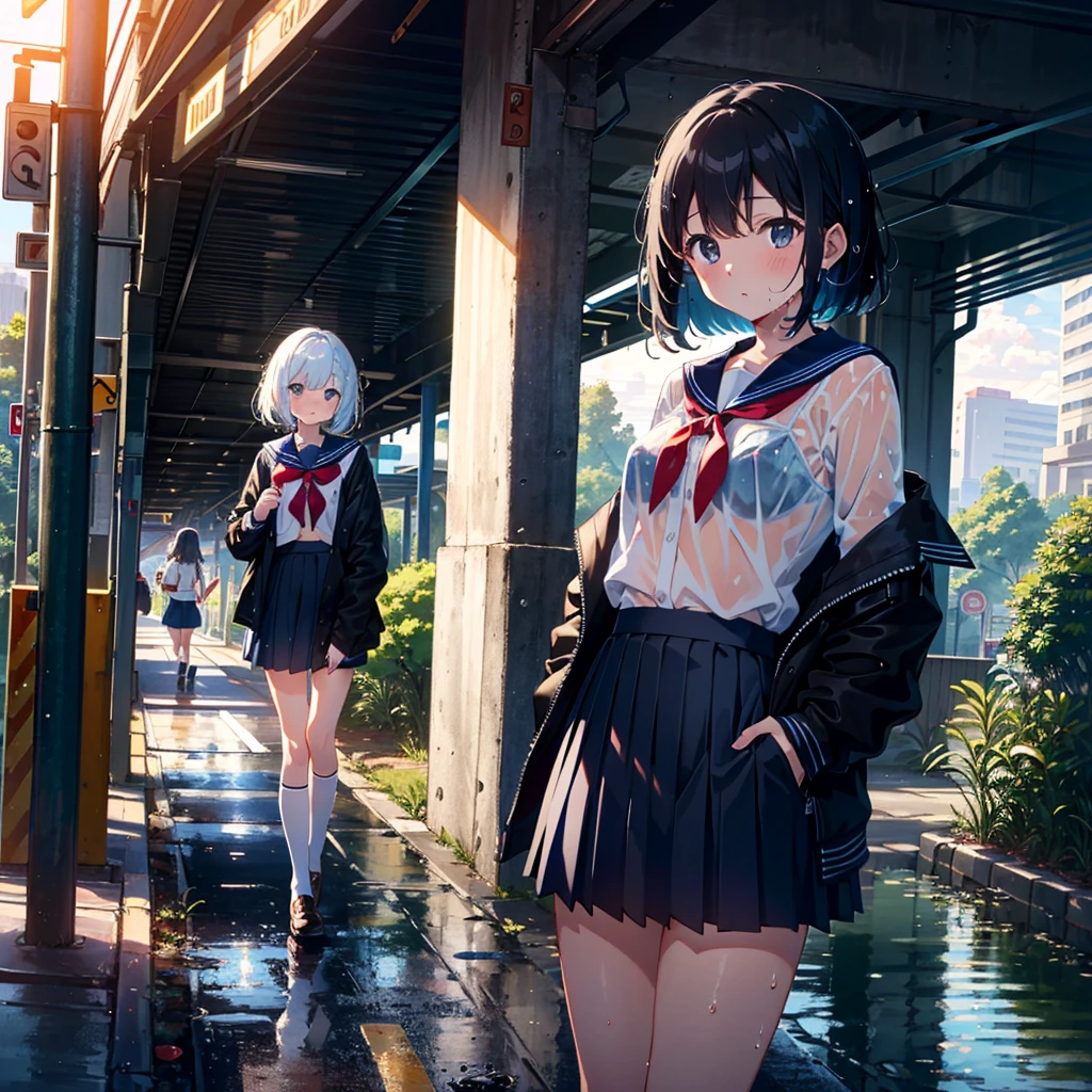 Masterpiece, highest quality, high resolution background, bright and beautiful atmosphere, 3 girls (2 years old, 1 short-tempered round face), 1 child) (hair, surface effects), small breasts, under railway overpass, wet skirt A girl with her hair turned up, a girl whose clothes are soaking wet, a girl who lifts up her skirt to reveal white underwear, wet underwear that digs in, NSFW, a girl with wet hair, a girl whose jacket is see-through and her bra visible, a sailor uniform, A pedestrian is glancing at a girl, "deltamon_sdXL :0.73) >Deltamon