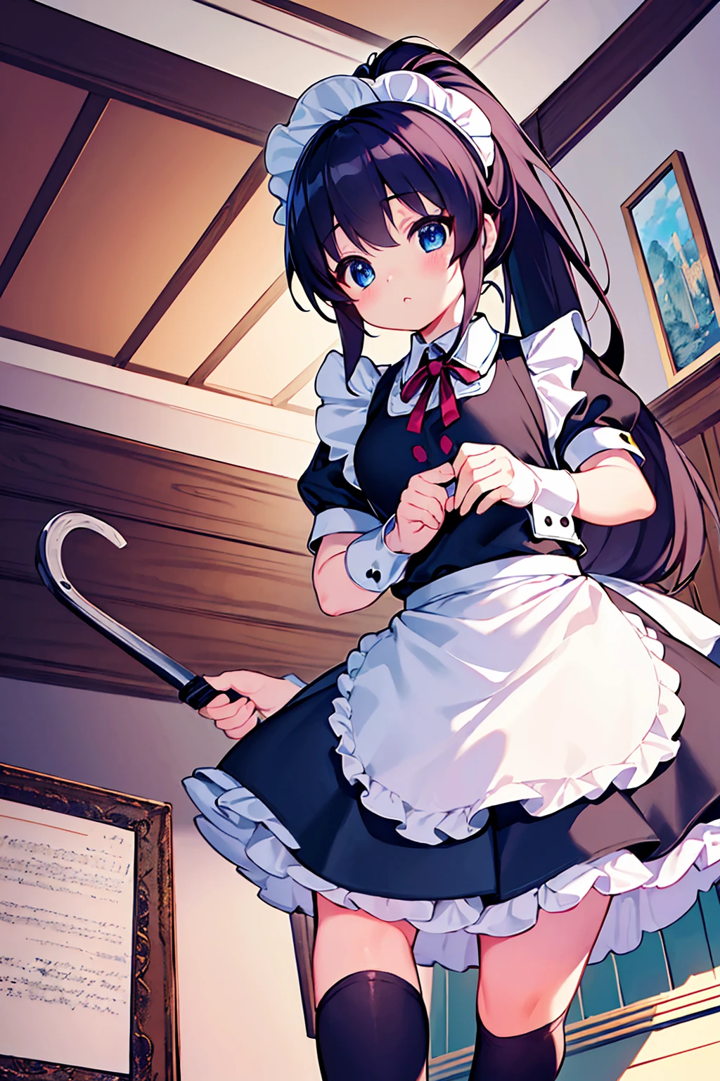masterpiece, best quality, ultra detailed, 4K, game cg, novel illustration, super fine illustration, highly detailed beautiful face and eyes, 1girl, (cute), (kawaii), small breasts, (traditional maid collared shirt:1.3), mini skirt, (navy high socks), ponytail hair, (holding mop), (cleaning), standing, perspective, noshoes, (from below:1.3),
