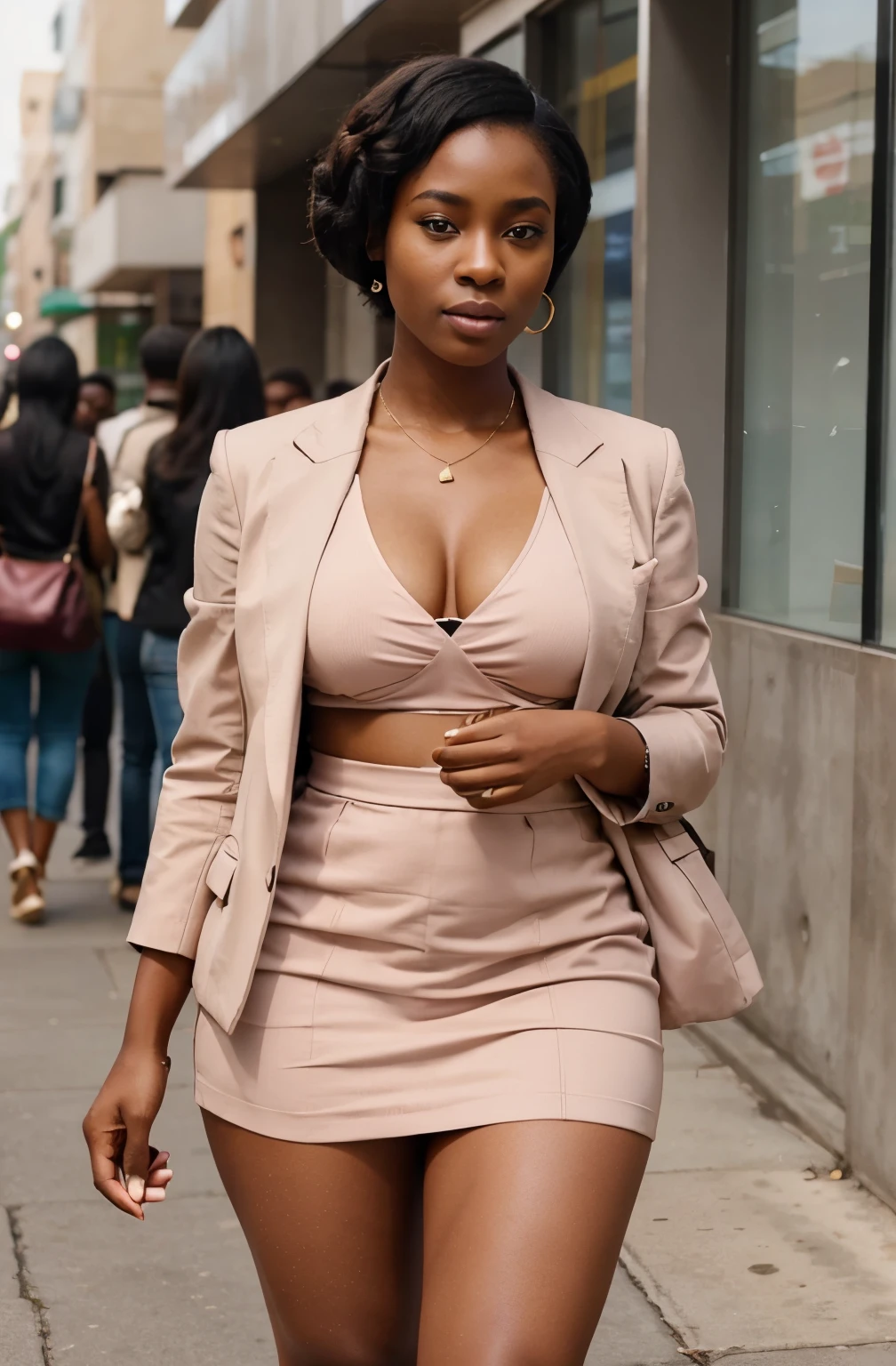 Create a realistic depiction of an African lady who is smartly dressed in modern clothes that are chic, flirty, sexy and respectable . Her outfit should prominently feature brown and peach . She should have a very thick build and appear realistic."