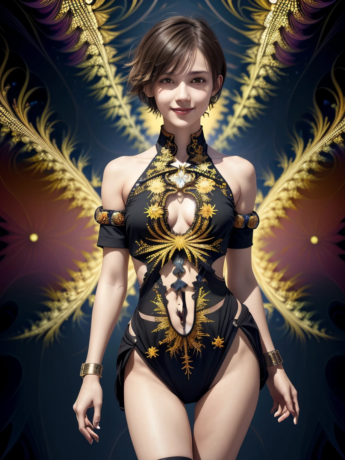 256 19-year-old female, (short hair),(Abstract background,Fractal Art:1.46), smile
