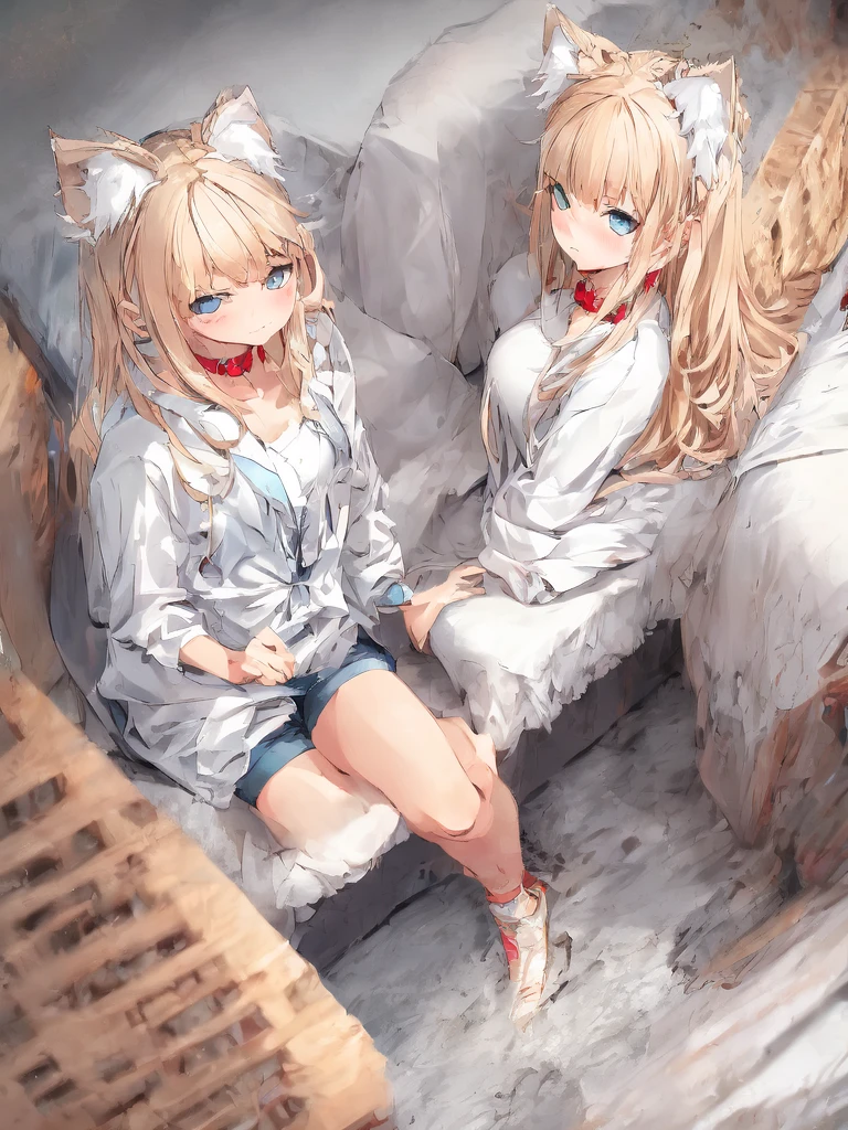 (masterpiece, best quality, highres), 1girl, having cat ears, her hair is long, her hair color is black, she is wearing a black satin choker around the neck, she is dressed with black shorts, the shorts are highwaisted, she is dressed with a black lingerie, she wears soft stockings. The girl is sitting on a couch. She is looking at the viewer. She is in the bedroom. 