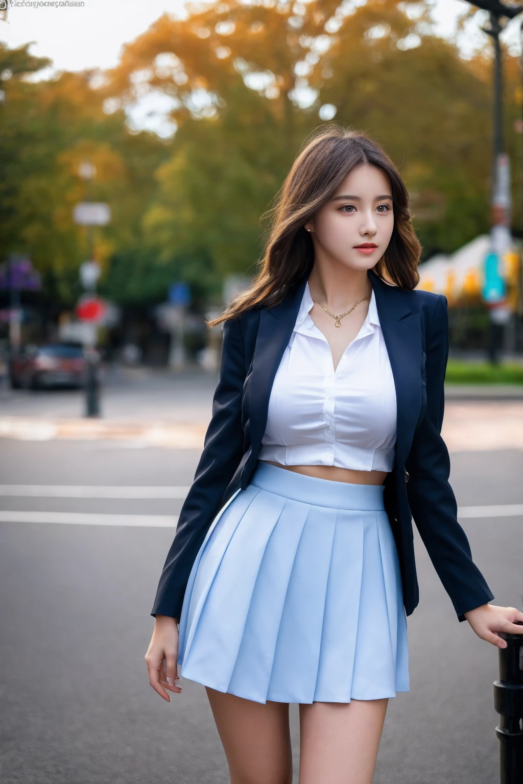 a 16 year old girl, she is the most beautiful actress in the world, the perfect body proportions of this girl with her large breasts, the formal shirt and the blazer are worn on her upper body, her crotch area of the panties between her bare legs are hardly hidden by the short skirt, only the front of her body is seen, she is standing straight at the street, nsfw, best quality, highly detailed, masterpiece, ultra high res, photo realistic, 8k, RAW photo