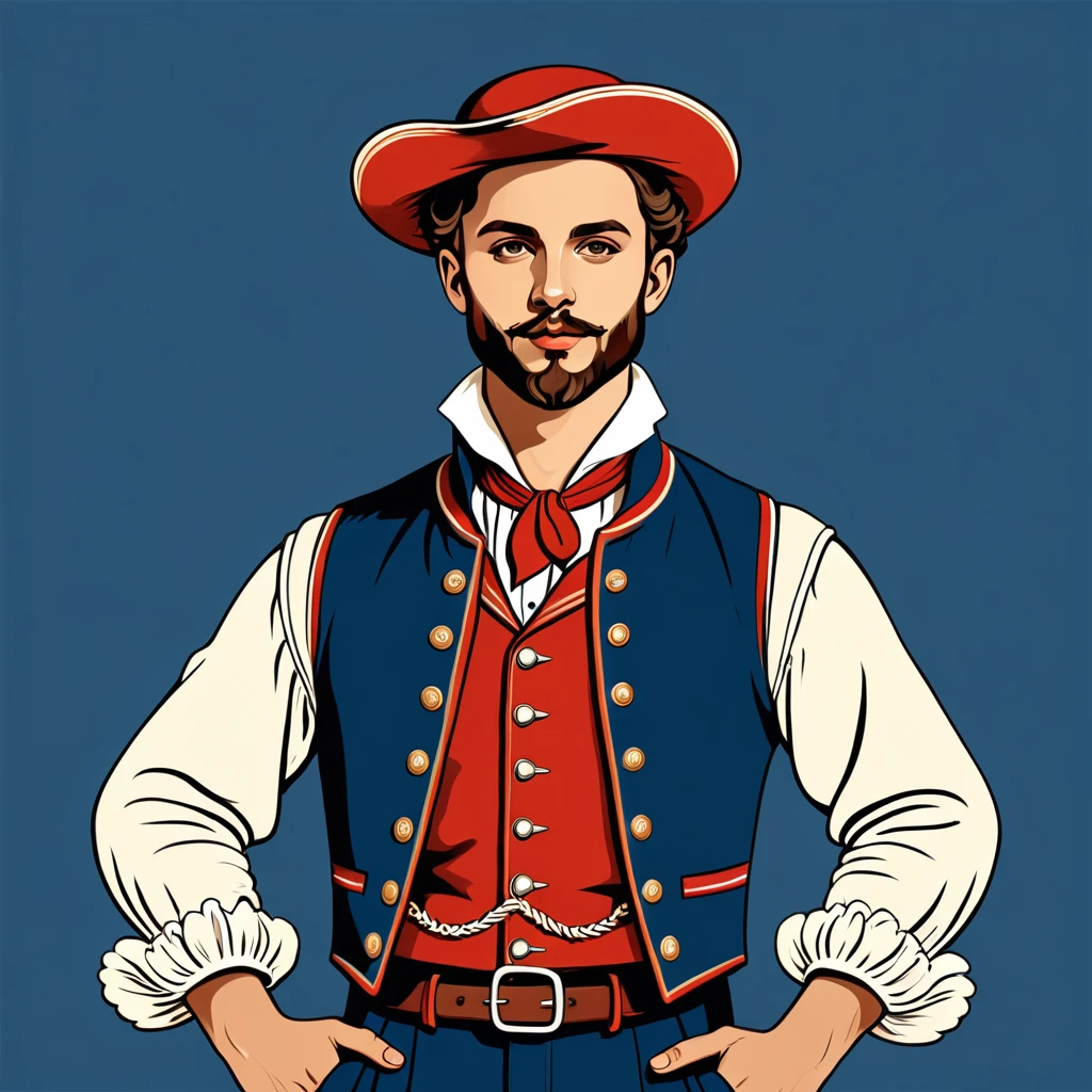 man in french folk outfit, vector graphics, strong contours
