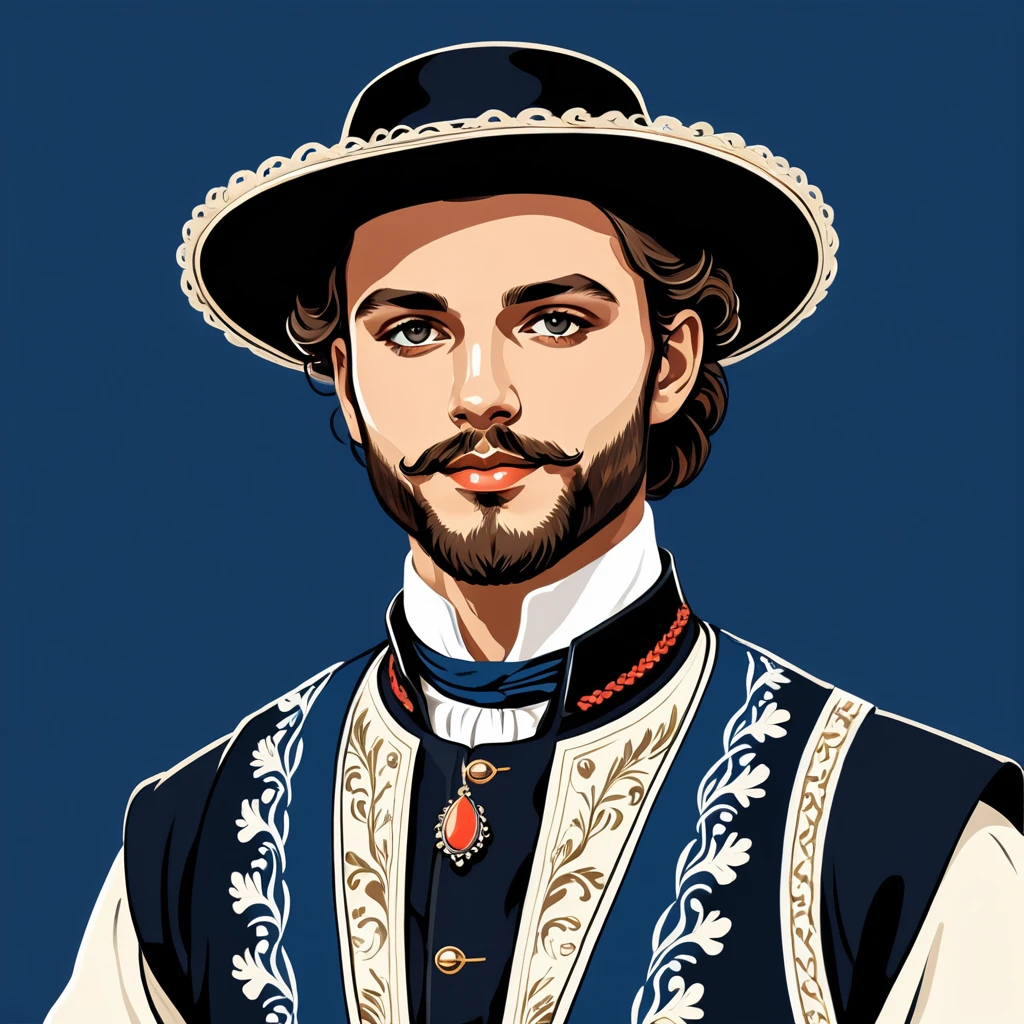 man in french folk outfit, vector graphics, strong contours