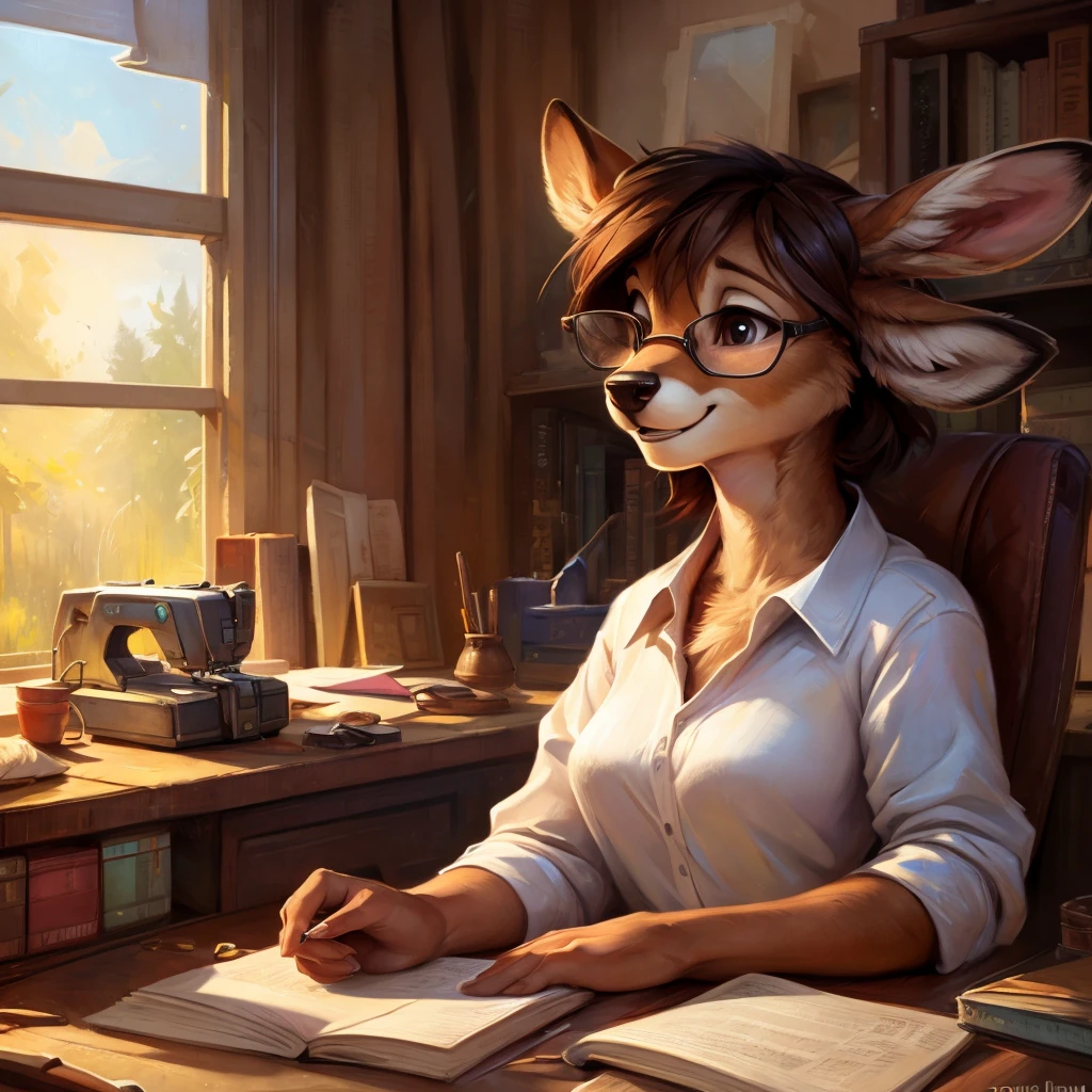 uploaded on e621, by Pixelsketcher, by Bayard Wu, by Thomas Benjamin Kennington , by Einshelm, by hioshiru and kenket, Chunie, portrait, solo anthro female deer doe, with small featureless breasts, clear dark blue, cinematic lighting, day, sunny day, Workspace, sitting at a desk, Workspace background, shiny, shoulder long curly dark brown hair, wears big black nerd glasses, very very beautiful furry art, furry art, smiling, joyful, shiny, happy, feminine, cute face, muzzle, fluffy chest, flawless face, Fallow deer, 1girl, Sakimichan is beautiful, Masterpiece, Wavethesallow Face, shiny, Detailed image, portrait, Detailed image, portrait, full body, wearing wide, long, white blouse, shiny, realistic face, perfect anatomy, hourglass body, (furry body:1.1), anthropomorphic deer, small fluffy tail, detailed background, (cute anatomy:1.1), focused on work, sewing a plushie, sewing