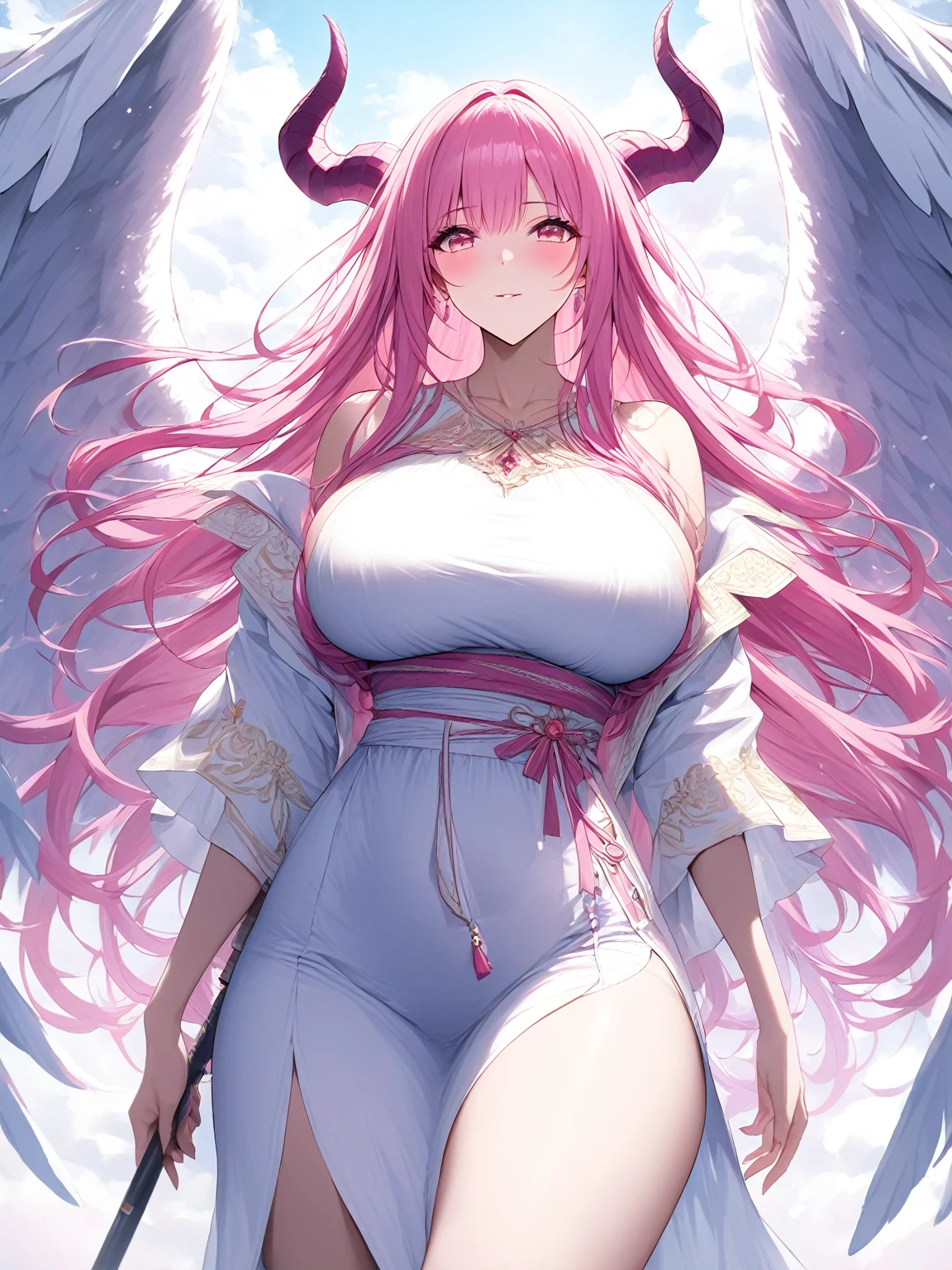 A masterpiece, very detailed, ultra-detailed, One, a female goddess, a beautiful woman, the most beautiful woman - pleasant skin, long hair, straight hair, bright pink hair and parting on the side, bright pink eyes, thin pink dragon horns and white feathered wings with a hint of pink, and Greek women's clothing, with with huge breasts (big), a lush and soft body, bright bright hearts and an aura of love around her, She's walking in the cloud