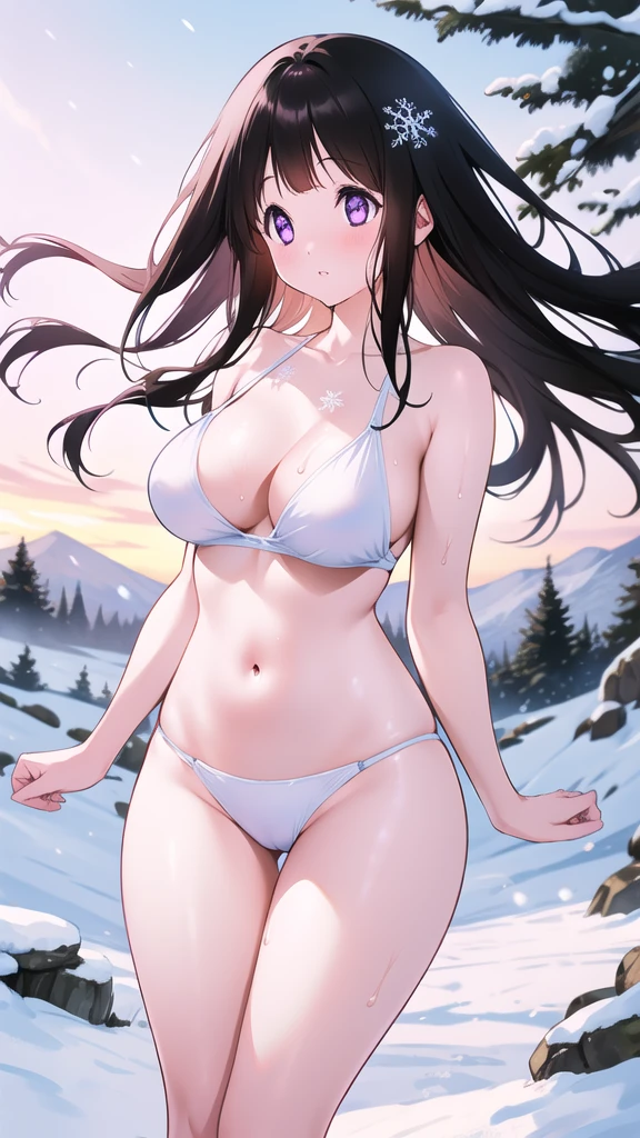 Chitanda，只有一个beautiful girl，Purple Eyes, Black Hair, Natural straight hair, Straight bangs，Extremely refined，open your lips，Face is so red，Very white skin，Skin as delicate as porcelain，Glowing skin，big eyes，Flowing long hair，beautiful girl, Like a dream，Slim，Slim waist，Soft, (Sensual), (Kawaii), Dream quality，Sweaty and sweaty，Wet skin，Side breasts，snowflake，Playing in the snow on the snow mountain，Standing，White transparent bikini，Profile，（Completely naked），Gluteal groove，The outline of the breasts is visible through clothing，Completely naked的背部，nacked hip，very close，Deep V neckline，Loose neckline，Beautiful big breasts，No pants，nopan，no pants，Bare shoulders，There are no shoulder straps，Exposed collarbone，Delicate clavicle，Delicate hands and feet，Bare neck，There are no clothes around the neck，Bare thighs，Exposed groin，Camel toe，extremely shy，Ultra-high resolution, (masterpiece:1.2, best quality), (Delicate and beautiful eyes: 1.2), (Beautiful and delicate face)