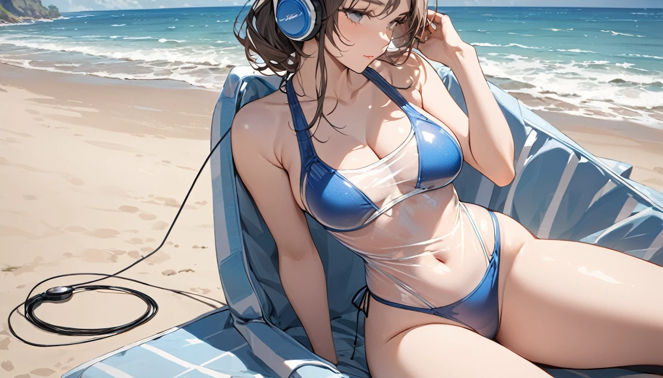 ((Top Quality)), ((Masterpiece)), ((Details)), perfect face, perfect body, sitting by the beach, listening to music, wearing headphones, wearing swimsuit, transparent swimsuit, wearing clothes exposing tight hips and breasts Woman with face visible, sitting with legs apart
