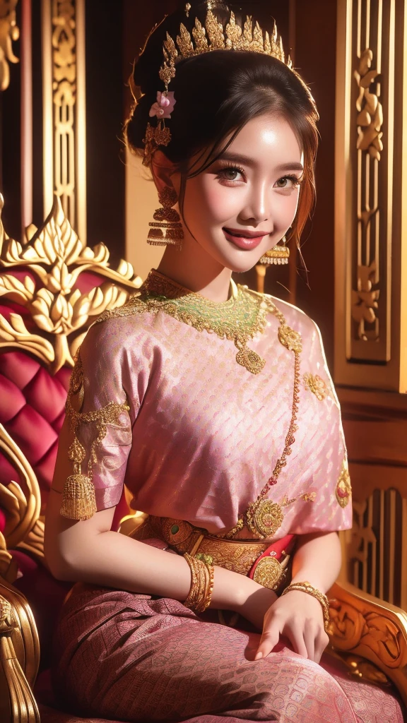 A 20 year old girl with a beautiful face in a traditional Thai dress of pink, red, purple, green.,Sitting on a golden chair,charming smile ,beautiful eyes ,Sitting in a Thai house ,Eyes looking at the viewer surrounded by lots of wealth and money.,colorful pictures , 8K high resolution images