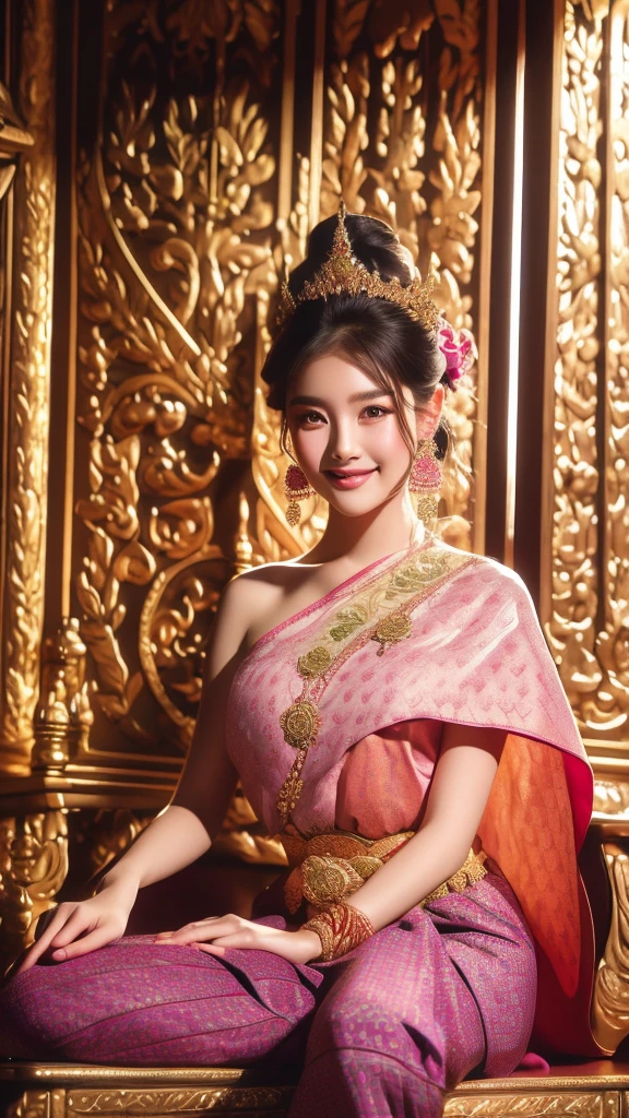 A 20 year old girl with a beautiful face in a traditional Thai dress of pink, red, purple, green.,Sitting on a golden chair,charming smile ,beautiful eyes ,Sitting in a Thai house ,Eyes looking at the viewer surrounded by lots of wealth and money.,colorful pictures , 8K high resolution images