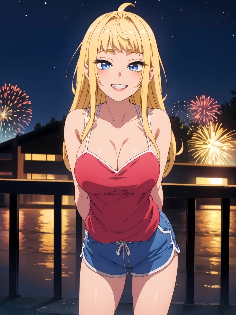 nipples through,((best quality)),((highly detailed)),masterpiece,absurdres,detailed face,beautiful face,(detailed eyes, deep eyes),(1girl),((dynamic pose)),  minami, blonde hair, breasts, long hair, ahoge, huge breasts, bangs, jewelry, blue eyes, eyelashes,solo, standing, cowboy shot, dolphin shorts, t shirt, looking at viewer, solo, standing,arms behind back, smile showing teeth, outdoors, night, fireworks background, leaning forward, cowboy shot,from front