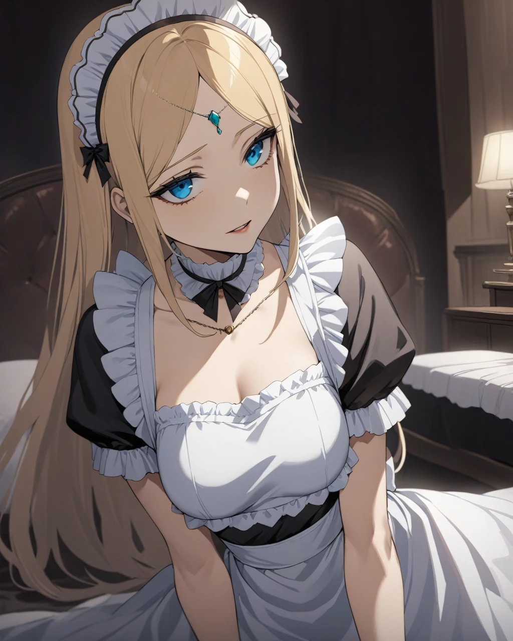 masterpiece,Highest quality,One girl,alone,Blonde,blue eyes,Prostitute,lie on bed,victorian maid,