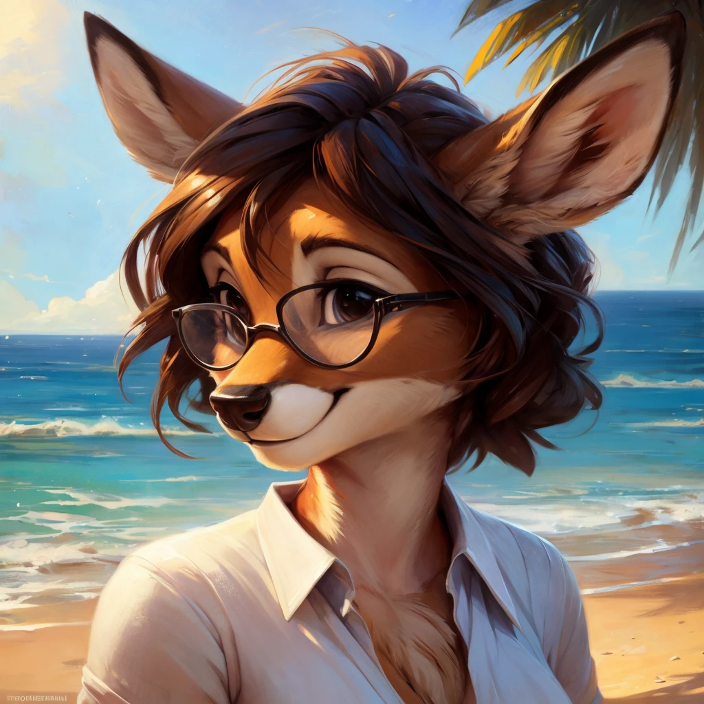 uploaded on e621, by Pixelsketcher, by Bayard Wu, by Thomas Benjamin Kennington , by Einshelm, by hioshiru and kenket, Chunie, portrait, solo anthro female deer doe, with small featureless breasts, clear dark blue, cinematic lighting, day, sunny day, beach, stays in the sea, sea background, mediterranean background, horizon background, shiny, short curly dark brown hair, wears big black nerd glasses, very very beautiful furry art, furry art, smiling, joyful, shiny, happy, feminine, cute face, muzzle, fluffy chest, flawless face, Fallow deer, 1girl, Sakimichan is beautiful, Masterpiece, Wavethesallow Face, shiny, Detailed image, portrait, Detailed image, portrait, full body, wearing wide, long, white blouse, shiny, realistic face, perfect anatomy, hourglass body, (furry body:1.1), anthropomorphic deer, small fluffy tail, detailed background, (cute anatomy:1.1), windy, smiling, very happy, happy
