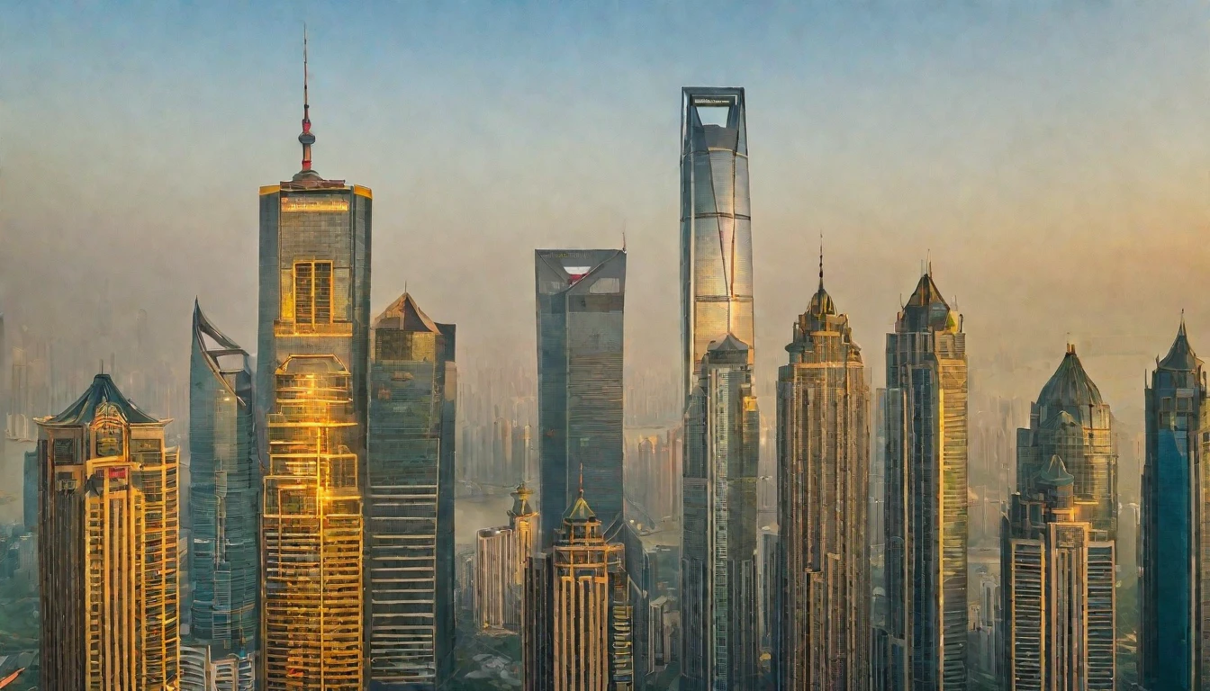 Shanghai, urban landscape, architecture, non-human, blue sky,(sunny day:1.5), sunshine, city, sky, scenery, mountains, clouds, outdoor, skyscraper,Sun, dazzling sunshine，