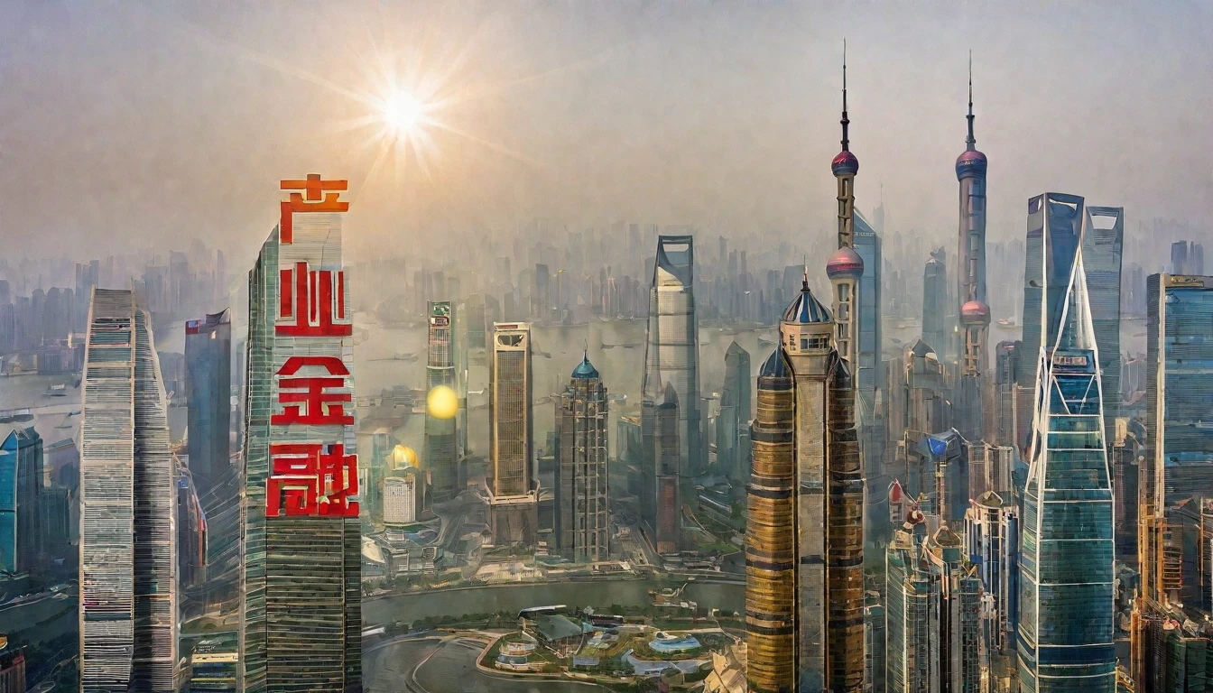 Shanghai, urban landscape, architecture, non-human, blue sky,(sunny day:1.5), sunshine, city, sky, scenery, mountains, clouds, outdoor, skyscraper,Sun, dazzling sunshine,