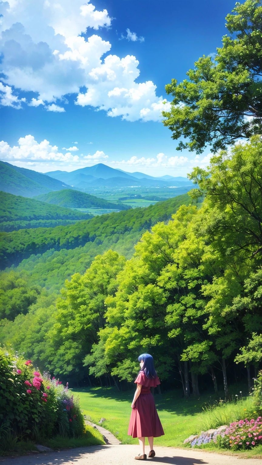 anime-style illustration, A tranquil landscape featuring a close-up of a young woman standing on a footpath in hills overlooks the vast expanse of clear blue sky and underneath a large mountain and housing,The scene is depicted in a highly saturated and vibrant style, intense and rich colors vivid, flower and tree colorful color blue red green purple, rendered with strong exaggerated colors, The sky above is clear blue sky, The atmosphere is full of magical color films, High Detail.