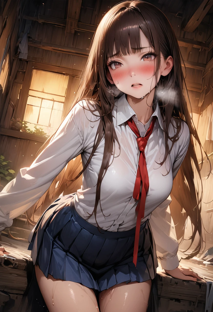 ((masterpiece,Highest quality:1.3,best quality illustration,realistic:1.3)),cowboy shot,独奏,1woman,(18-year-old、Japanese Beauty)、brown hair,long hair,bangs,brown eyes,gorgeous eyes,((very small head:1.3)),blush,Heavy breathing,((very long body:1.2,skinny)),medium breasts,(Red ribbon tie、White collared shirt、Long sleeve navy blue pleated mini skirt),Wet crotch、sweat,gleaming skin,toned body,slender body,Abandoned house、at night、Tokyo、
