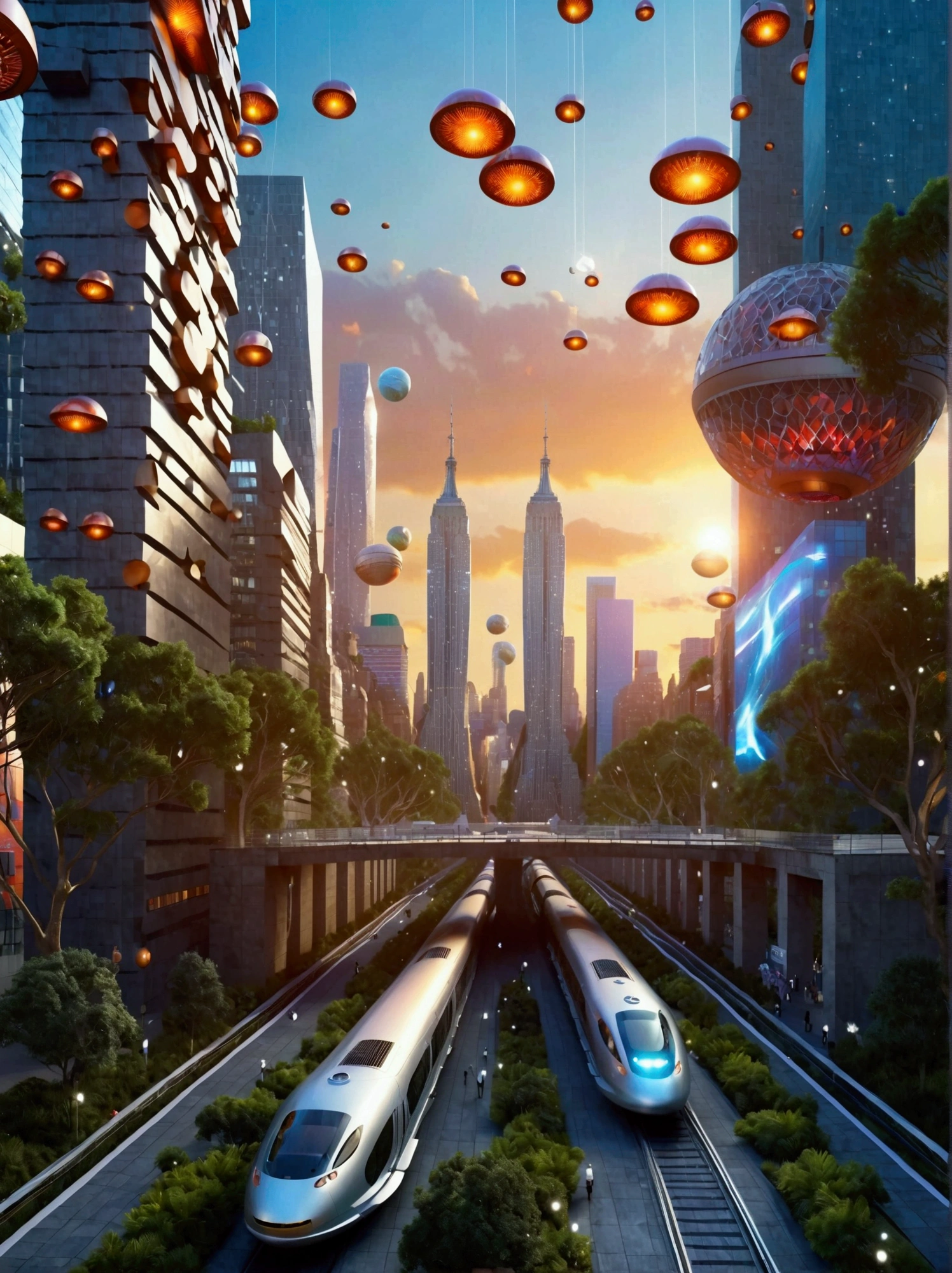 Cidade futuristica, 24th century, skyscrapper, nanomaterials, streamlined line design, Road system, Maglev train, trpical garden, A plant, the trees, Air purification, Regulate the climate, air vehicle, Anti-gravity technology, Dynamic colored lights, Automated robots, Intelligent assistance systems, Virtual reality technology, Technologie, Artistically, Innovative, ((hyper realistic detailed)), Global illumination, Octane rendering, Super sharp, metal, complex, detailed decoration, Bright colors, New York details, highly intricate detail, realistic raytraicing, CGSociety trends, eye disease, facing camera, neon light detail, 8K