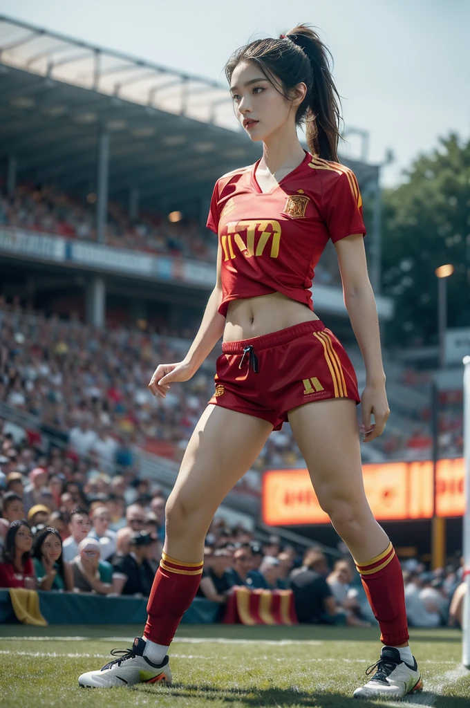 (((best quality))),(((ultra detailed))),(((masterpiece))),illustration,((1 beautiful girl,female footballer,solo)),((small breasts,flat chest)),((slim,thin)),summer night,stadium,crowded stands,enthusiastic spectators,football match,(short ponytail:1.2),(short sleeves:1.2),((Spain team kit,red shirt,blue shorts)),(slender legs:1.2),(football:1.3),fluid movements,powerful,sweat,forehead,exhaustion,passion for football,purposeful running,electric atmosphere,crowd roar,critical juncture,pressure,undeterred,floodlights,luminous glow,long shadows,drama,breathtaking sight,raw passion,unbridled energy,determination,skill,embodiment of sport's spirit,strength,resilience of human spirit,(standing:1.3),(arms behind back:1.2),((from front,full body))