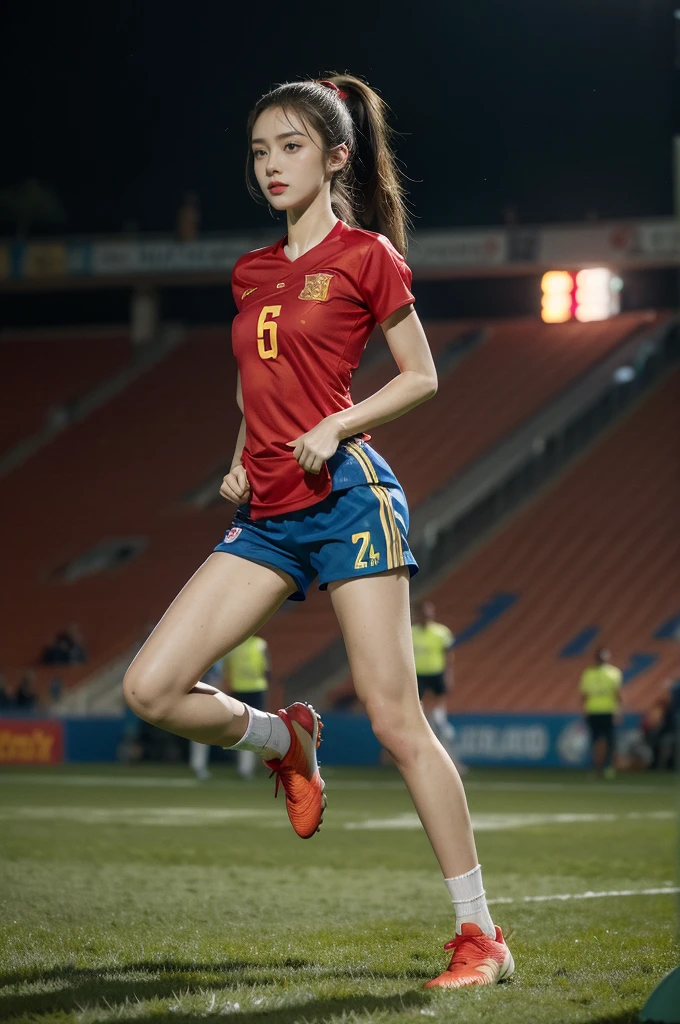 (((best quality))),(((ultra detailed))),(((masterpiece))),illustration,((1 beautiful girl,female footballer,solo)),((small breasts,flat chest)),((slim,thin)),summer night,stadium,crowded stands,enthusiastic spectators,football match,(short ponytail:1.2),(short sleeves:1.2),((Spain team kit,red shirt,blue shorts)),(slender legs:1.2),(football:1.3),fluid movements,powerful,sweat,forehead,exhaustion,passion for football,purposeful running,electric atmosphere,crowd roar,critical juncture,pressure,undeterred,floodlights,luminous glow,long shadows,drama,breathtaking sight,raw passion,unbridled energy,determination,skill,embodiment of sport's spirit,strength,resilience of human spirit,(standing:1.3),(arms behind back:1.2),((from front,full body))