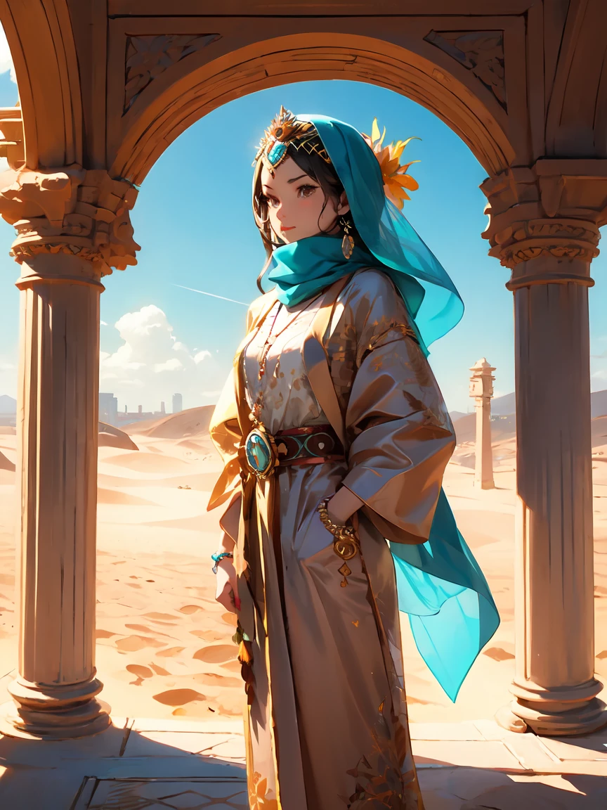 One Girl, Money色のアクセサリー, Veil, gem, Kaftans, Turbaned, Circlet, 額のjewelry, Elegant robes, sand color, oasis, Long Hair, Wavy Hair, Light of the sun, Camel, Sand Dunes, Wind, mysterious, Desert flower, Coin Belt, fabric, embroidery, metallic, scarf, Turquoise, jewelry, Money, Queen, city, (Cowboy Shot), (Pillar)