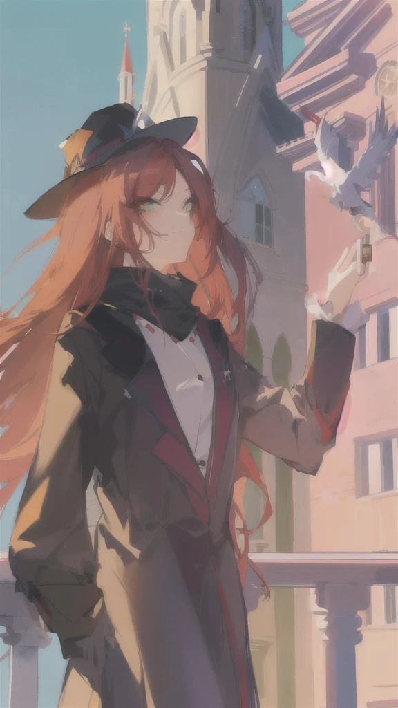 anime girl with long red hair and hat standing on balcony, from cryptid academia, flirty anime witch casting magic, witch academia, marin kitagawa fanart, made with anime painter studio, artwork in the style of guweiz, delicate androgynous prince, painted in anime painter studio, guweiz, marisa kirisame, from girls frontline