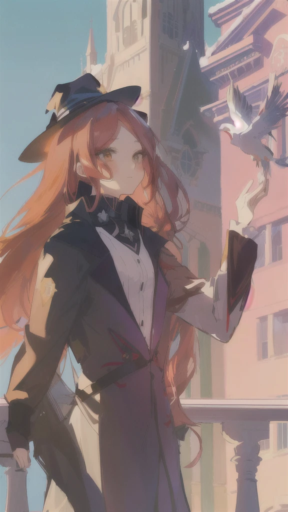 anime girl with long red hair and hat standing on balcony, from cryptid academia, flirty anime witch casting magic, witch academia, marin kitagawa fanart, made with anime painter studio, artwork in the style of guweiz, delicate androgynous prince, painted in anime painter studio, guweiz, marisa kirisame, from girls frontline