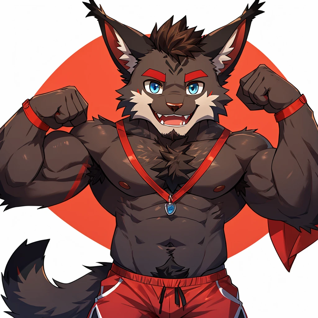 ((Furry lynx cat)), ((chibi)), body fully covered in black fur, ((fully covered in black fur)), ((black fur)), sharp fangs, sharp teeth, summer shorts outfit, cute, blue eyes, red chest hair, red eyebrows, red armpit hair, black nose, black tail, black tail with red tip, red whiskers, happy, smile, correct Anatomy, correct hand, ((white background)), (Acting happy), (hands up), enjoy, ((front view)), full body, sexy, (flexing), (muscle), black tail, black tail red tail tip, red eyebrows, red chest hair, red armpit hair