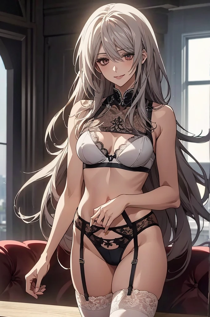 (Highest quality, High resolution, Very detailed), 1 female, Silver Hair, Long Hair, Reddish brown eyes, white lace thong bra, garter belt, Large Breasts, secretary, 24th generation, Beautiful woman, mature, quiet, Calm, A small smile, office,