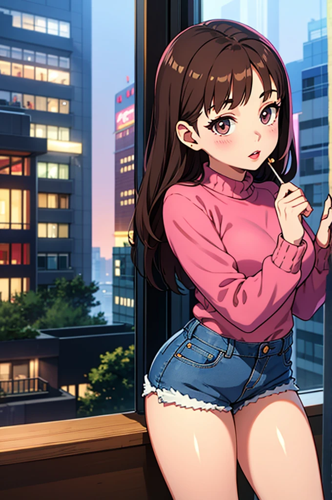 Girl, long straight brown hair, gray eyes, soft sharp features, white skin, pink lips, red sweater, wearing denim shorts she's looking out of the big window of her apartment, seeing the city at night big buildings 