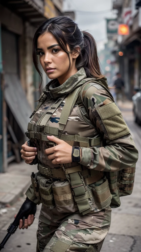 ((masterpiece、top-quality、realisitic、ultra-detailliert、hight resolution、Photorealsitic、foco nítido、lighting like a movie))、Stunning portrait of a beautiful woman、bustshot、Focus from the chest up、sad Facial expression、Beautiful detailed eyeedium Hair、Army camouflage uniform、Camouflage Tactical Vest、Long trousers with camouflage pattern、Combat gloves、rucksack、Black Military Undershirt, White smoke、Detailed hand depiction、Latina, Gaza city in the backgorund, large breast, running