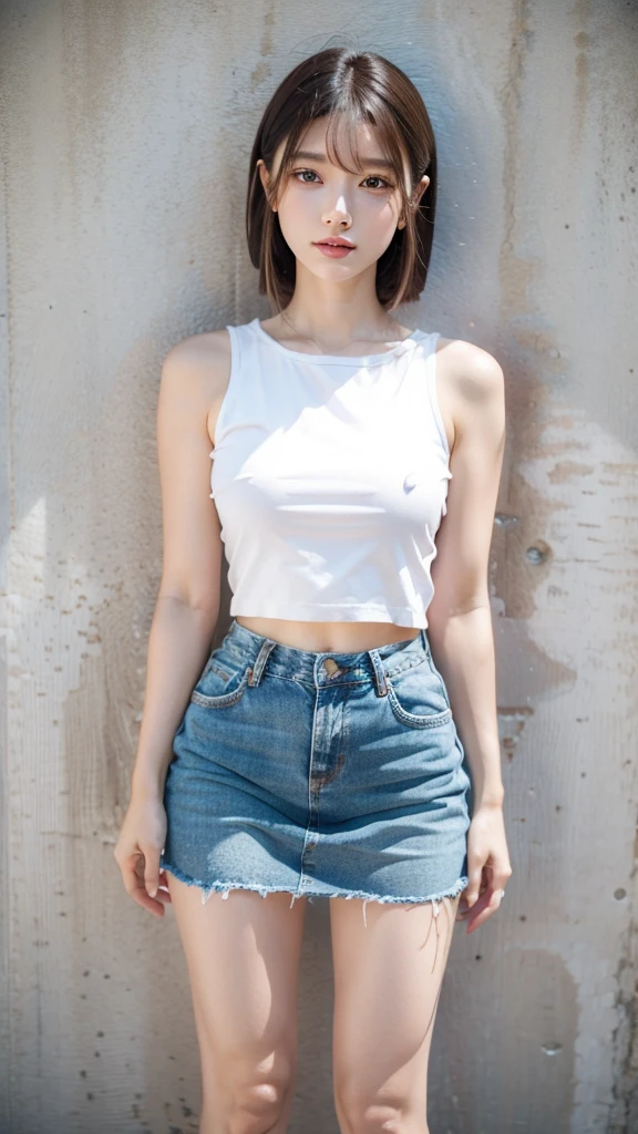 ((Masterpiece))　Ultra-high resolution　Ultra high quality 8K　Clear skin　Shiny feel　Realistic portrayal　Anatomically correct body shape　Realistic　WorldwideNo.1　Full body photo　Brown Short Hair　thick lips　ear cartilage piercing　White tank top　blue denim skirt　Port Girls　kawaii, underboob,