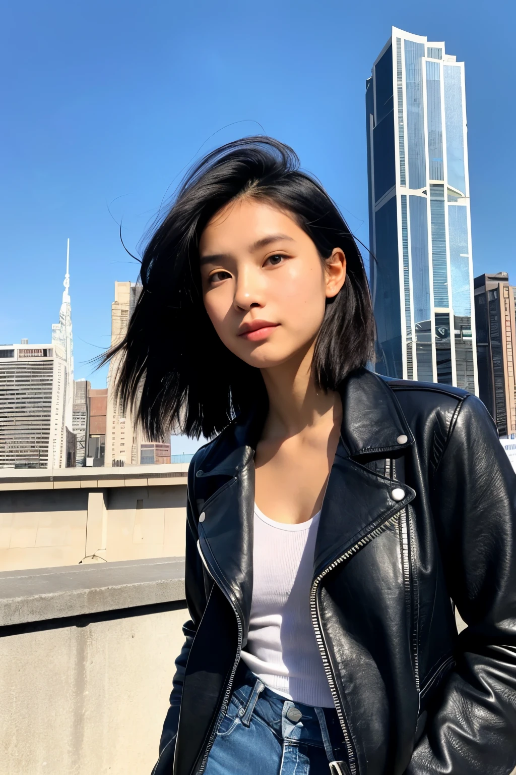 A young Indonesian woman with short, black hair stands confidently in front of a backdrop of city buildings. He was wearing a black leather jacket over a black top and black jeans with his hands in his pockets. The wind fluttered his hair slightly, adding a dynamic feel to the modern city backdrop