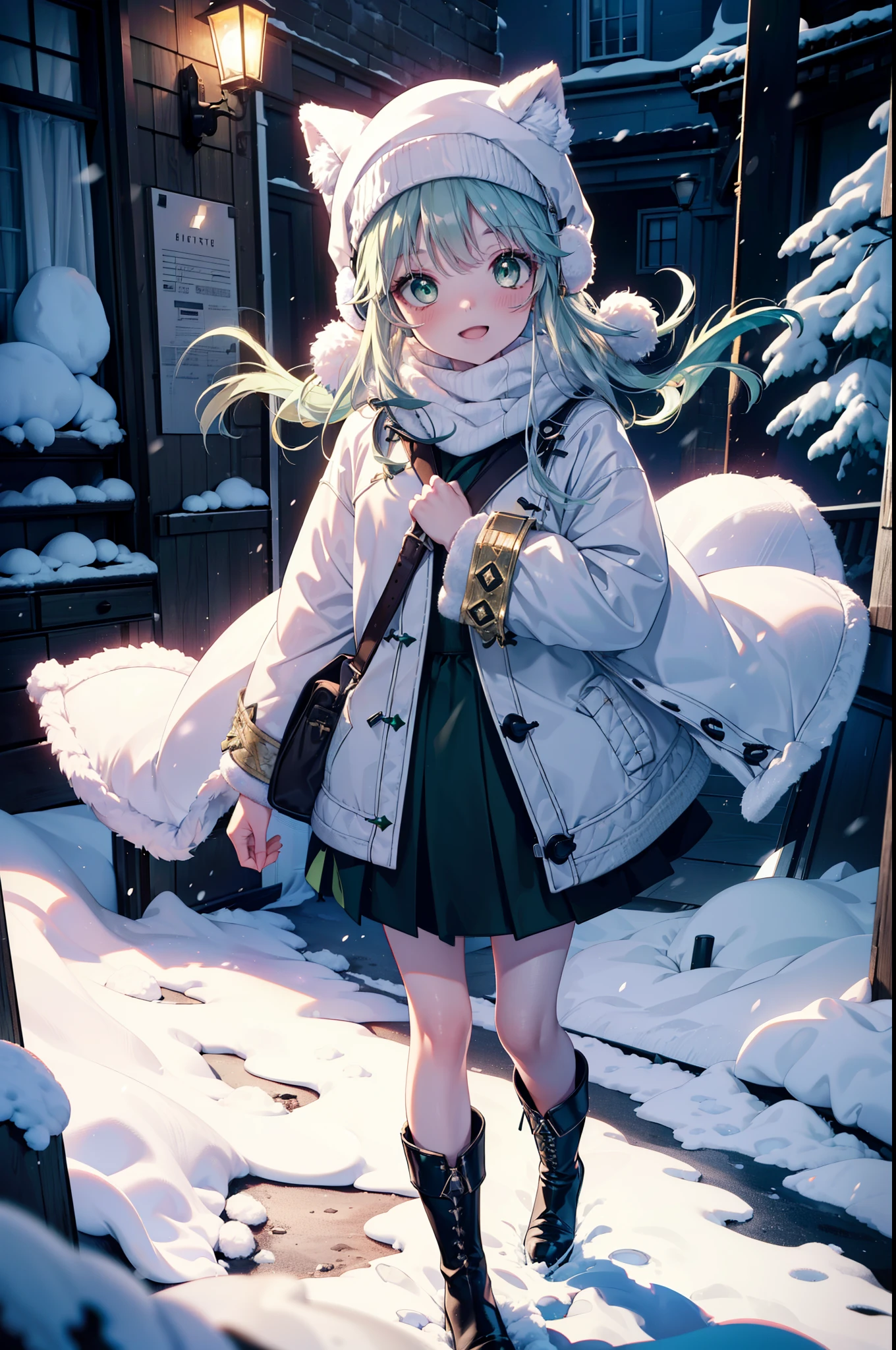 index, index, (Green Eyes:1.5), Silver Hair, Long Hair, (Flat Chest:1.2),happy smile, smile, Open your mouth,Knitted hat,Yellow long coat,White Tokkuri Sweater,Earmuffs,Red baggy gloves,White scarf,Black long skirt,Black pantyhose,short boots,Walking,Snow is piled up,It&#39;s snowing,Snow Scene,Shirogane World,night,moonlight,Let the world enter your illustrations,
break looking at viewer, whole body,
break outdoors, Snow Country,Residential Street,
break (masterpiece:1.2), Highest quality, High resolution, unity 8k wallpaper, (figure:0.8), (Beautiful attention to detail:1.6), Highly detailed face, Perfect lighting, Highly detailed CG, (Perfect hands, Perfect Anatomy),