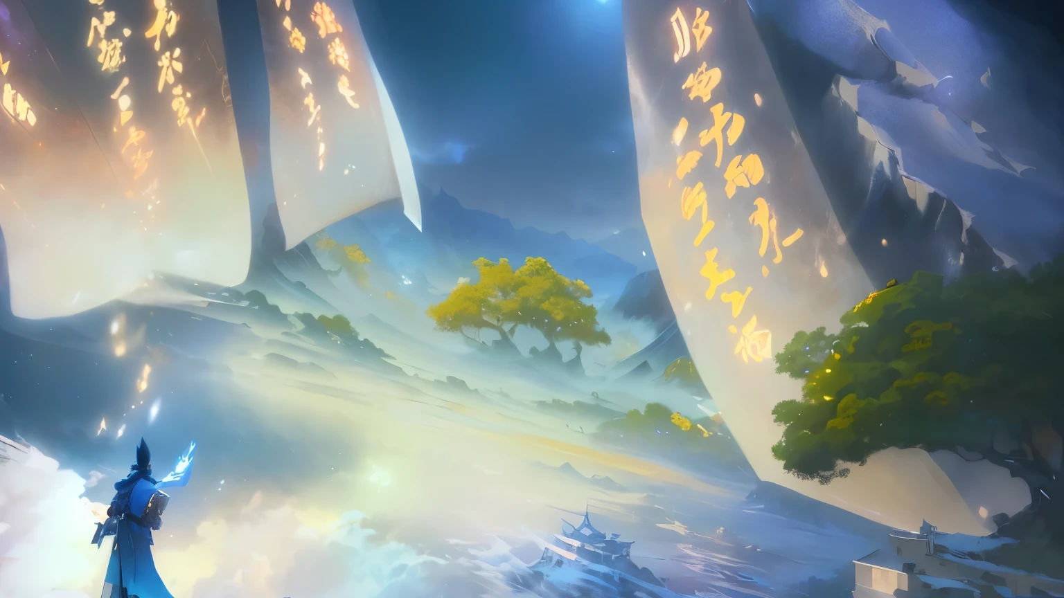 there is a man standing in front of a painting of a mountain, onmyoji detailed art, onmyoji, background artwork, environment painting, anime beautiful peace scene, anime landscape, keqing from genshin impact, background art, dreamlike digital painting, painted in anime painter studio, detailed scenery —width 672, beautiful anime scenery