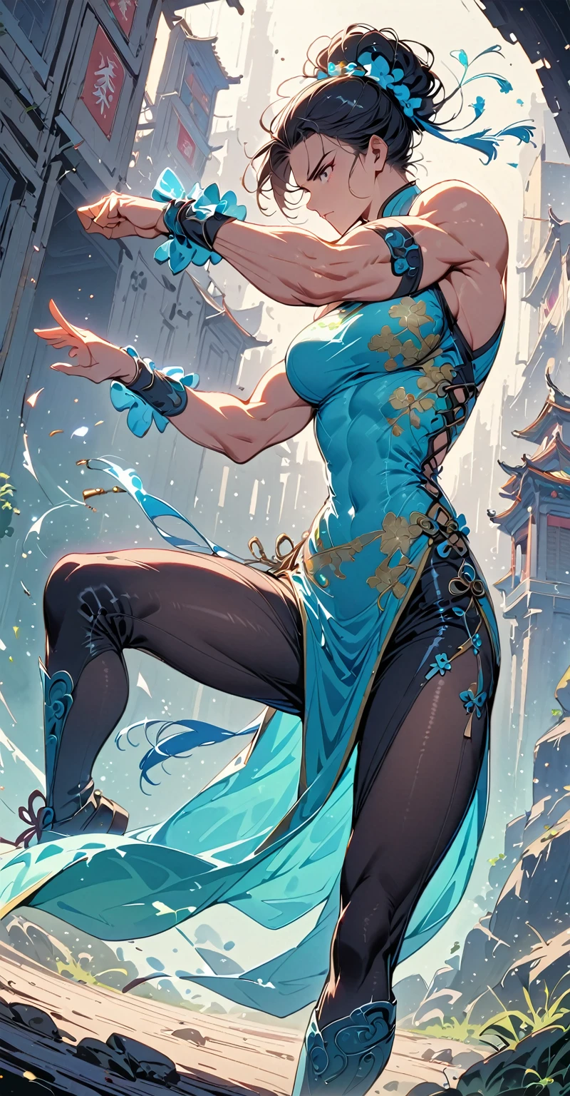 muscular woman and doing a kick, six pack, no men in background , Chinese dress and leggings, full body portrait