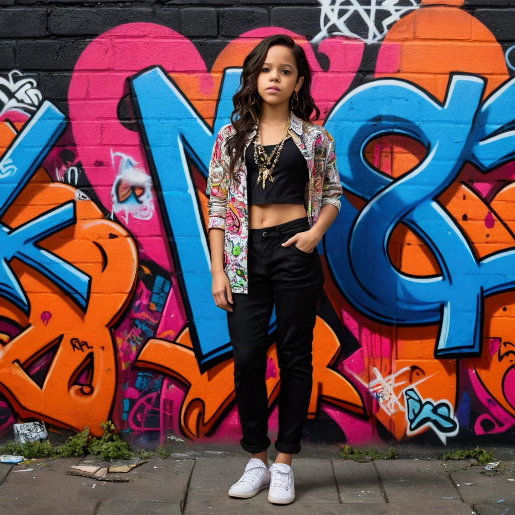 a woman standing in front of a wall covered in graffiti, portrait of jenna ortega girl, worm and reddish black, full length photo, open shirt on visible torso, highly detailed hyper real retro, adoryanti, olivia kemp