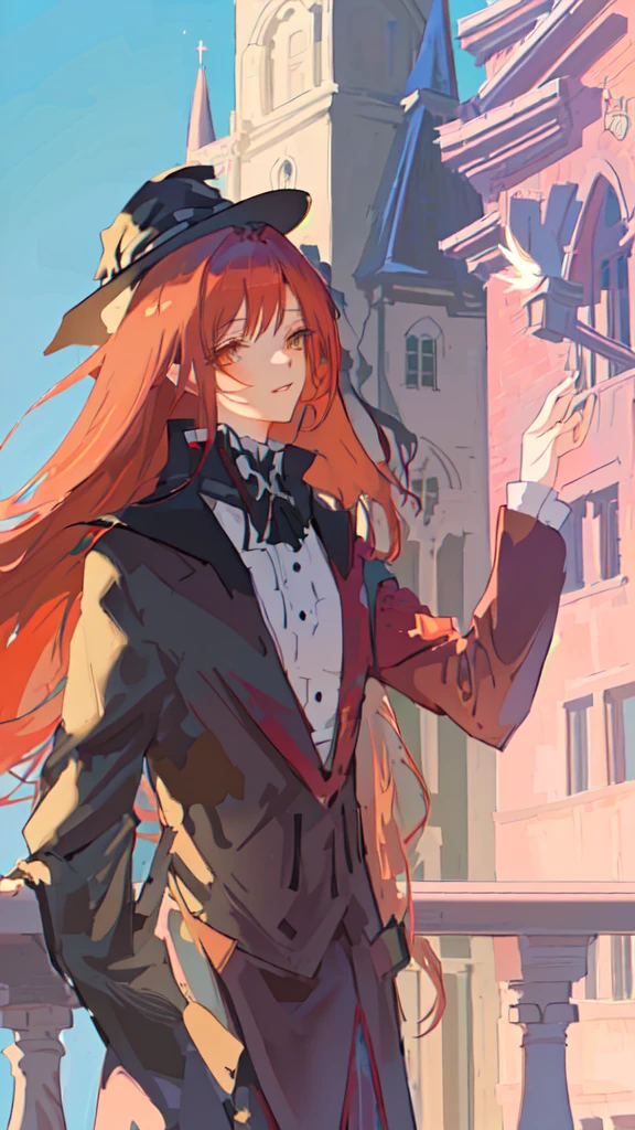 anime girl with long red hair and hat standing on balcony, from cryptid academia, flirty anime witch casting magic, witch academia, marin kitagawa fanart, made with anime painter studio, artwork in the style of guweiz, delicate androgynous prince, painted in anime painter studio, guweiz, marisa kirisame, from girls frontline