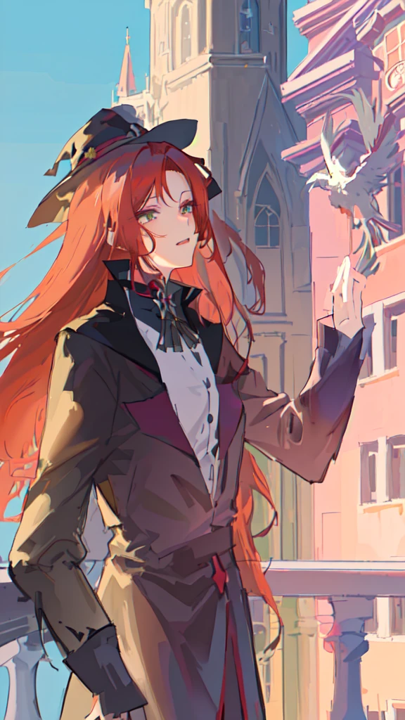 anime girl with long red hair and hat standing on balcony, from cryptid academia, flirty anime witch casting magic, witch academia, marin kitagawa fanart, made with anime painter studio, artwork in the style of guweiz, delicate androgynous prince, painted in anime painter studio, guweiz, marisa kirisame, from girls frontline