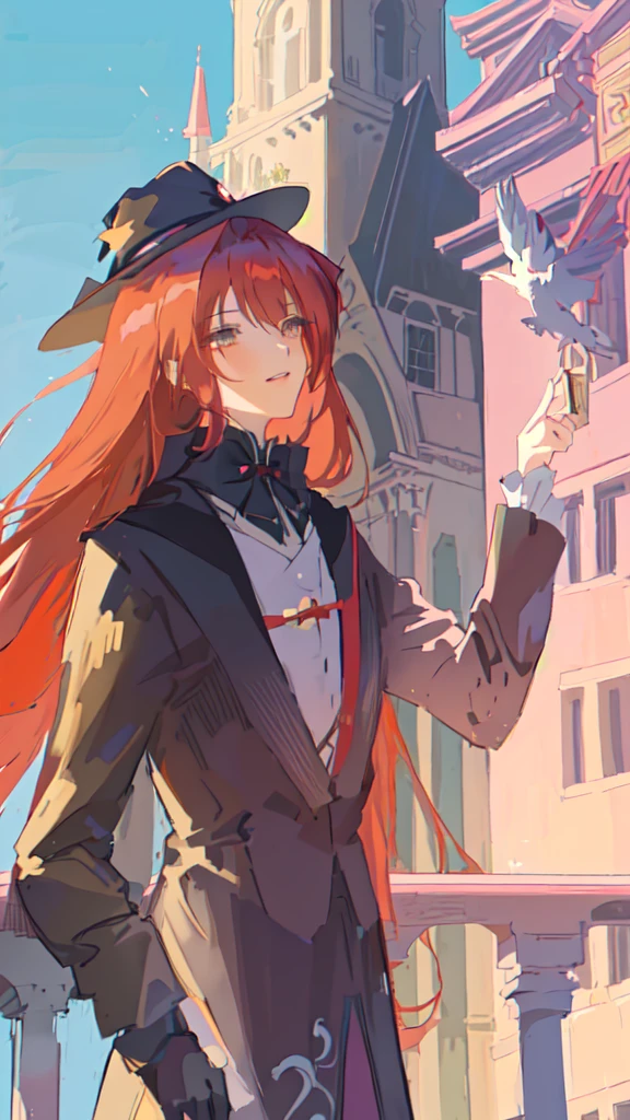 anime girl with long red hair and hat standing on balcony, from cryptid academia, flirty anime witch casting magic, witch academia, marin kitagawa fanart, made with anime painter studio, artwork in the style of guweiz, delicate androgynous prince, painted in anime painter studio, guweiz, marisa kirisame, from girls frontline