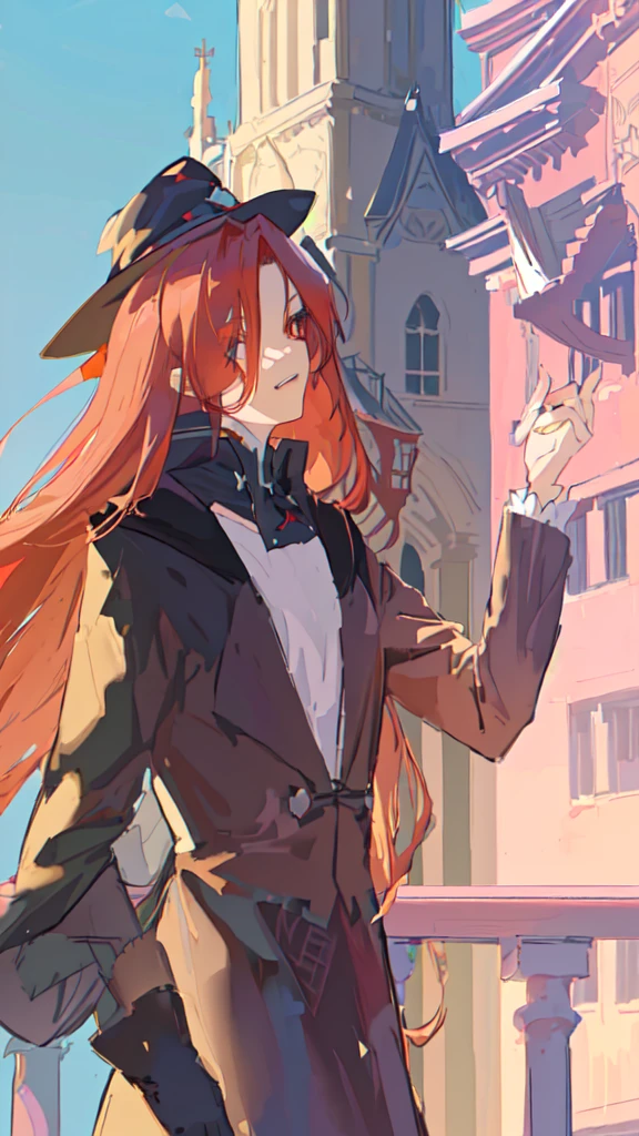 anime girl with long red hair and hat standing on balcony, from cryptid academia, flirty anime witch casting magic, witch academia, marin kitagawa fanart, made with anime painter studio, artwork in the style of guweiz, delicate androgynous prince, painted in anime painter studio, guweiz, marisa kirisame, from girls frontline