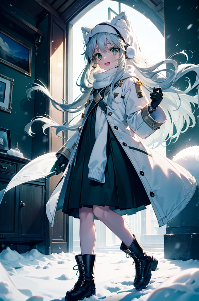 index, index, (Green Eyes:1.5), Silver Hair, Long Hair, (Flat Chest:1.2),happy smile, smile, Open your mouth,Knitted hat,Yellow long coat,White Tokkuri Sweater,Earmuffs,Red baggy gloves,White scarf,Black long skirt,Black pantyhose,short boots,Walking,Snow is piled up,It&#39;s snowing,Snow Scene,Shirogane World,night,moonlight,Let the world enter your illustrations,
break looking at viewer, whole body,
break outdoors, Snow Country,Residential Street,
break (masterpiece:1.2), Highest quality, High resolution, unity 8k wallpaper, (figure:0.8), (Beautiful attention to detail:1.6), Highly detailed face, Perfect lighting, Highly detailed CG, (Perfect hands, Perfect Anatomy),