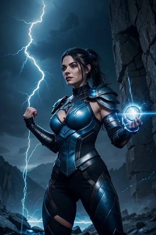 evil beautiful and muscular, Nordic female, towering storm Giantess with blue black hair in a ponytail, older and mature woman, throwing a lightning ball, glowing tattoos, wearing steel runic plate mail Armour , temple cave background with lightning storm, glowing blue eyes, square jaw, powerful and imposing, winter clothing