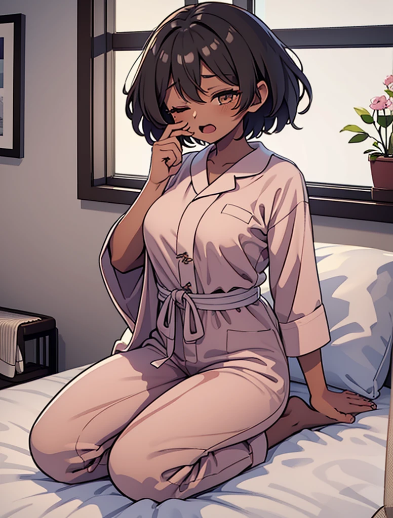 1girl, 独奏, medium breasts, dark skinned female:1.2, ,(dark skin:1.8), black hair, short hair, pixie cut, wavy hair, amber eyes, one eyes closed, wake up yawn, open mouth, covering mouth, pijamas, (white pajamas), window, morning, looking at viewer, sitting, seiza, waking up, on bed, full body,  ((ultra detailed, masterpiece, best quality, 8K)),Urine-stained futon,Pee-stained futon,Steam from crotch
