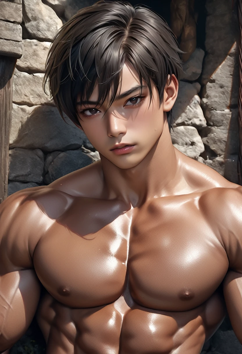 high quality, detailed, ( tanned japanese idol wrestler boy), (detailed black eyes), (black short hair), (muscle:1.5), (tanned dark shiny skin:1.4), black tiny thong, bulge,(detailed nipples), yard, dungeon, (best quality,4k,8k,highres,masterpiece:1.2), face close up,(realistic,photorealistic,photo-realistic:1.37),