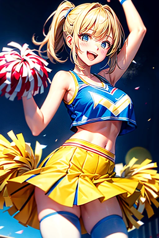 Cheerleader,One girl,cute,A big smile,Mouth wide open,I'm rooting for you,hair_Two Side Up,hair_Money,eye_green,Costume_green