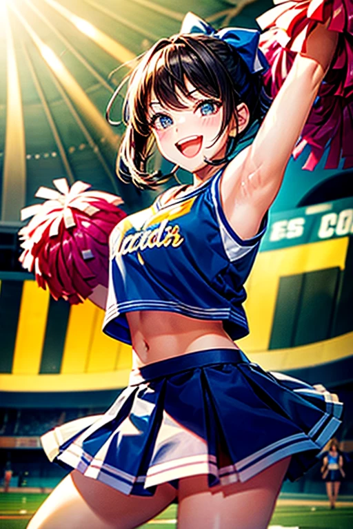 Cheerleader,One girl,cute,A big smile,Mouth wide open,I'm rooting for you,hair_Two Side Up,hair_Money,eye_green,Costume_green